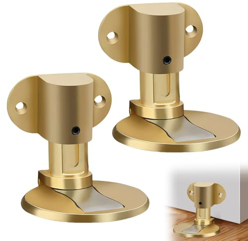 TenaLucy 2 stycken magnetisk dörrstopp, osynlig dörrstopp magnetisk, 3 m dubbelsidig tejp eller borrinstallation, golvjusterbar dörrstopp för olika dörrtyper (guld)