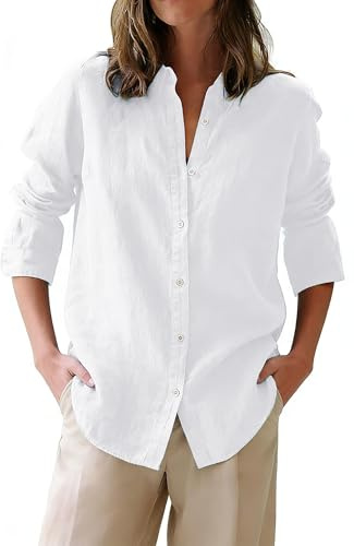 siliteelon Button Down Shirts for Women Oxford Shirt Cotton Dress Shirts Collared Long Sleeve Wrinkle Free Blouse Tops-White S