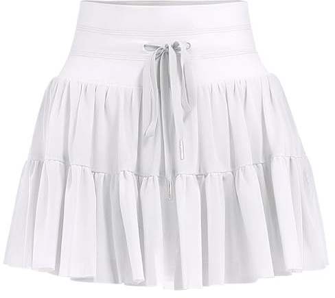 DGSHIRLDJO Tennisrock Damen mit Hose Kurz Hosenrock Hohe Taille Rüsche Sommerrock Faltenrock Golf Sportrock Workout Minirock (DE/NL/SE/PL, Alphanumerisch, M, Regular, Regular, Weiß)