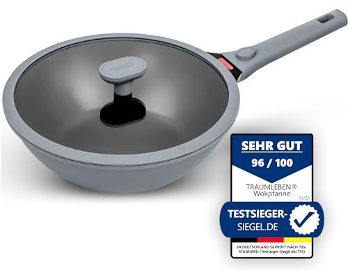 TRAUMLEBEN Wokpfanne mit Deckel 28 cm [abnehmbaren Griffe & Antihaftbeschichtung] PFOA-frei, für Induktion geeignet | backofenfest | hoher Rand | Beschichtete Wok Pfanne | Woks & Wokpfannen (grau)