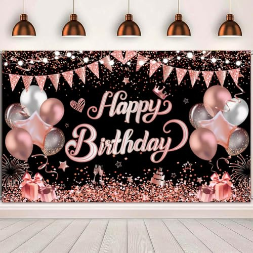 Geburtstag Banner Roségold Schwarz Deko Geburtstag Frauen Mädchen Hintergrund Banner geburtstagsbanner für Geburtstag Party Deko