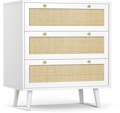 Skokliz Commode Chambre 3 Tiroirs, Armoire de Rangement avec tressage de rotin, Meuble à Vêtements, 40 x 80 x 91cm, Meuble de Rangement pour Salon et Entrée Couloir