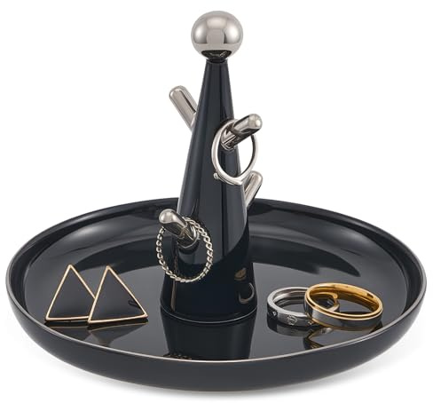 Lolalet Ceramic Ring Dish Holder, Tree-shaped Trinket Tray for Rings Earrings Necklaces Jewelry Decorative Plate Gift for Birthday Wedding Engagement -Black