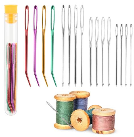 16 Piezas Agujas de Tejer de Acero de Ojo Grande, Agujas de Costura de Ojo Grande, Agujas Rectas y de Tapiz, 4 Tamaños Agujas de Coser a Mano, Aguja de Zurcir para Coser Lana, Tejer Ganchillo