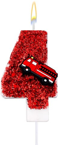 Bougie Numéro d'Anniversaire, Paillettes Rouges Camion Pompier Bougie Joyeux Anniversaire Décoration Gâteau Numérique pour Garçons Filles Pompier Anniversaires (4)
