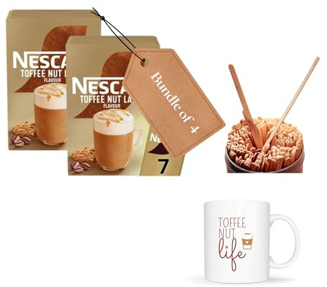 Toffee Nut Latte Gift Set – 2 x 7 Instant Coffee Sachets with Ceramic Mug & Coffee Stirrers | Festive Coffee Lover Gift | White or Two-Tone Red & White Mug Variations (4, White)