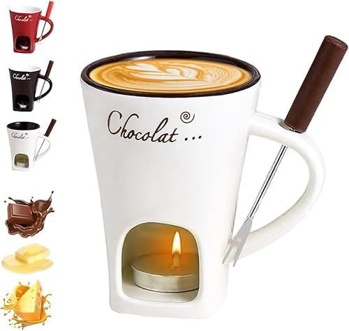 Chocolate Fondue Mug with Fork, Chocolate Fondue Cup, Personal Ceramic Chocolate Melting Cup,Chocolate Melting Mug for Date Night Birthday Wedding Gifts (Beige)
