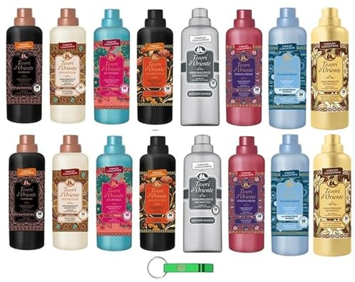 Testpaket Tesori d'Oriente Konzentrierter Weichspüler, Fabric Softener Alle Duftrichtungen – 8 verschiedene Duftrichtungen 16 x 760ml + Beni Culinari Kostenloser Schlüsselanhänger
