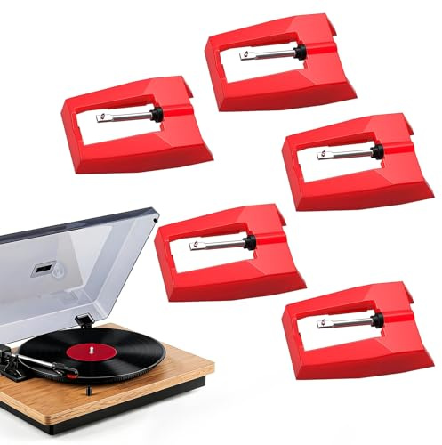 Rudfovn 5 Pcs Record Player Needles – Replacement Stylus for Turntable, Compatible with Most Standard Vinyl Record Players (Red)