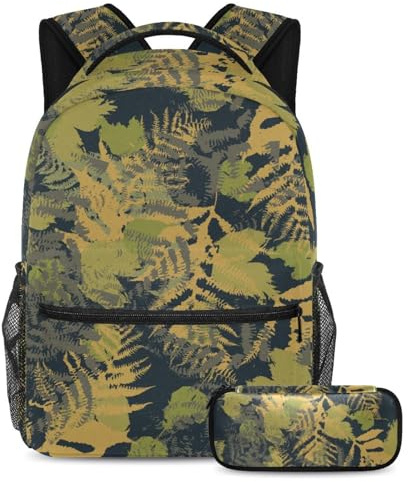 VAPOKF School Bag Set for Teen Girls Boys, Student Bookbag Backpack Rucksack with Pencil Case for School - Autumn Leaves Fern Leaf Pattern