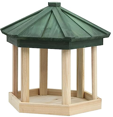 Fågelfoder åttkantig av massiv gran 33 x 30 cm, väderbeständig foderstation för vilda fåglar, tisdumpling hållare, foderdispenser för trädgård, balkong, terrass, fönster och träd