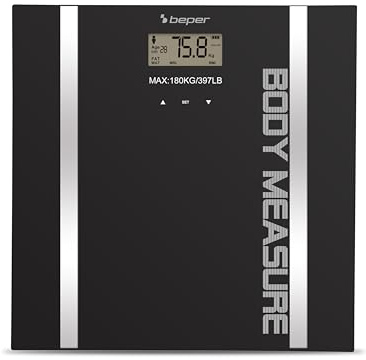 BEPER 40.808A Bilancia Pesapersone Impedenziometrica, Pesa Massa Corporea e percentuale liquidi, 10 Memorie, Display LCD, Superficie in vetro temperato, Nera, 4 x 33 x 33 cm