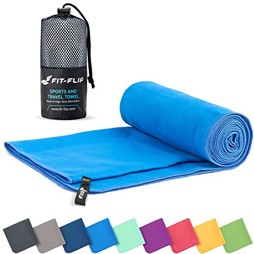 Fit-Flip Microfibre towel - compact, ultra lightweight & quick dry - perfect for gym, travel & beach - swimming towels for sports, camping & hiking (30x50cm blue + bag)
