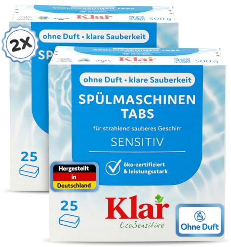 Klar eco Sensitive Spülmaschinen Tabs 2 x 25St., ohne Duft, für strahlend sauberes Geschirr, vegan