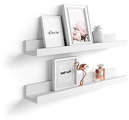 Mobili Fiver, Coppia Mensole portafoto-quadri First, 80 cm, Bianco Frassino, 80 cmx13 cmx8 cm, Nobilitato, Mensole da muro per Camera, Ingresso, Soggiorno, Ufficio, Made in Italy