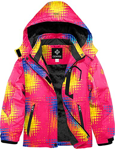 GEMYSE Girl's Waterproof Ski Snow Jacket Fleece Windproof Winter Jacket with Hood (Print,10/12)