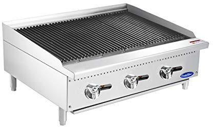 Atosa ATCB Natural Gas Commercial Lava Rock Charbroiler, 36 with (3) Burners, Iron Grill, Lava-Rock Grate, and Stainless Steel Radiant Plate for Efficient Cooking Surface (ATCB-36-NG)