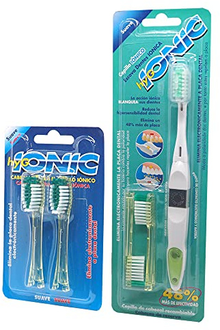 Spazzola elettronica ad azione ionica hyG IONIC + 2 pezzi di ricambio con filamenti di durezza Elimina la piastra con un 48% di efficacia superiore rispetto a qualsiasi spazzola manuale o elettrica