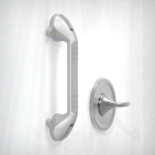 AquaChase 17-inch Suction Shower Grab Bar with Indicators, Tool-Free Installation, Steady Handle for Balance Assist for Bathtub,Bathroom,Toilet, Dual Tone Silver/Grey
