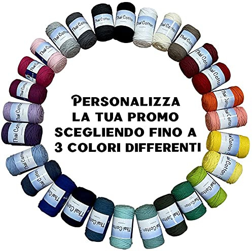 Promozione 3 Rocche - Cordino Thai Cotton Tubolare in 100% Cotone Riciclato Ideale per Borse Uncinetto e Accessori - Ferri/Uncinetto: 6.00/7.00-3 Colori a Scelta