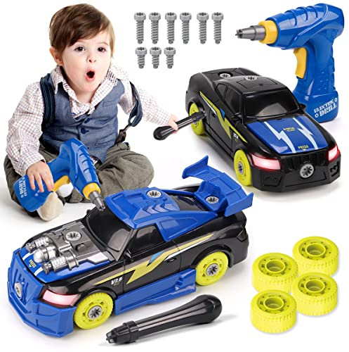 REMOKING Auto Spielzeug, Feuerwehrauto Mit Ton und Licht, Montage Spielzeugautos Mit Werkzeug, Kinder Rollenspiel Set, Lernspielzeug für Ab 3 Jahre (Blau)