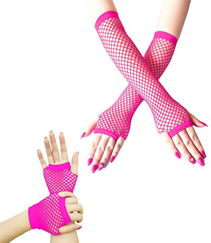 Gatielzana 2 Paar Fischnetz Handschuhe Damen Mesh Fingerlose Handschuhe für 80er Jahre Kostüm Mottoparty, hot pink, Einheitsgröße