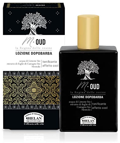 Helan, M Oud, Aftershave für Herren, sanftes und feuchtigkeitsspendendes Spray, belebende Bartlotion mit beruhigender Wirkung gegen Reizungen, mit Zitronen- und Mentholwasser, 75 ml, hergestellt in