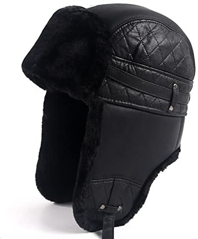 DEPAJA Russische Mütze Winter Trapper Warm Leather Pilot Cap Sowjetische Russische Ushanka Faxu Pelzmützen Earflap Bomber Hat Herren Schwarze Schneehüte,Schwarz,59-60Cm