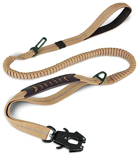 Joytale Taktische Hundeleine, 1.2m-1.8m Bungee Hundeleine Reflektierend mit 2 Gepolsterten Griffen, Autosicherheitsgurt, Leine Hund ohne Zugkraft für Mittelgroße, Große, X-Große Hunde, Coyote Braun