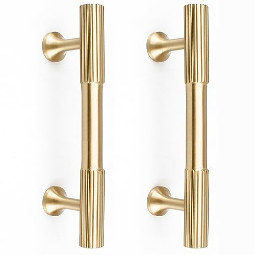 RZDEAL 4pcs Solid Brass Gold Cabinet Pulls, 3-Inch Hole Centers for Kitchen Cupboard Handles Modern Drawer Dresser Pulls Bathroom Brushed Brass Cabinet Pulls Wardrobe Door Handles