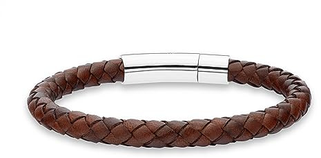 Miabella Genuine Italian Braided Leather Bracelet for Men, Stainless Steel Clasp, Made in Italy (Brown, Large - 9 Length)