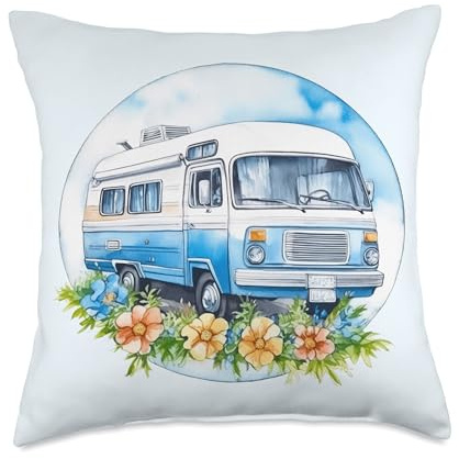 Boho Blue and White RV Camping Motorhome Floral Throw Pillow, 18x18, Multicolor