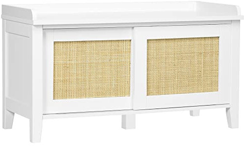 HOMCOM Banco Zapatero con Asiento Mueble Zapatero con Banco 2 Puertas de Ratán Estilo Bohemio Carga 130 kg para Pasillo Entrada 80x35x45 cm Blanco y Natural