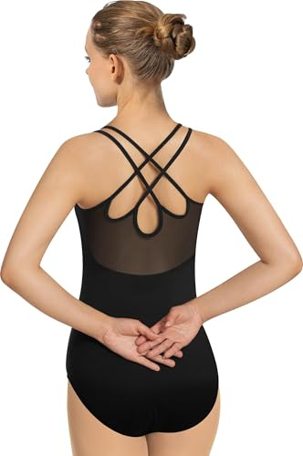 Mulnall Maillot de baile para mujer, camisola de ballet, correas dobles con espalda de malla, pecho acolchado, Negro, L