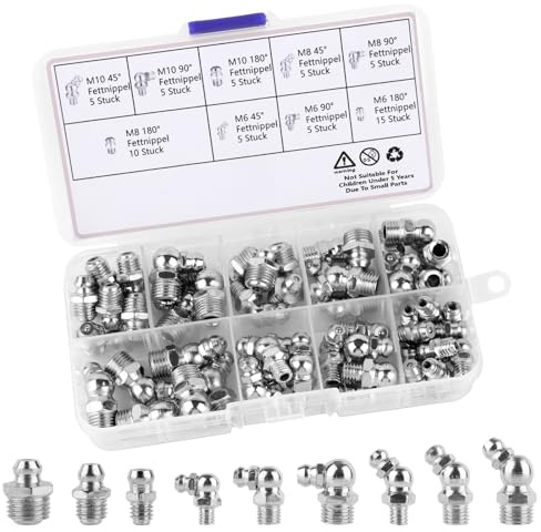 UKOFEW 60 Pezzi Set di Ingrassatori, Grasso Raccordo Assortimento, Ingrassatori Testine M6 M8 M10 in Dritto e Angolato 45° 90°, con Scatola Portaoggetti, per Nave Attrezzature Meccaniche