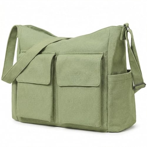 RZMAYIS Canvas Laptop Messenger Bag, Unisex Retro Crossbody Shoulder Bag with 15.6-inch Laptop Sleeve, 15L Work Bag for Men Women(Green)