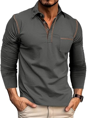 Poloshirt Herren Langarm Tshirt Herren Slim Fit Herrenpoloshirt Große Größen Polohemd Golf Sport Polohemden T Shirt Sommer Mode Hemd Poloshirts Männer mit Brusttasche Trachten Grau L
