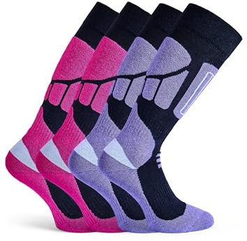 Basic Treasure 2er Pack Skisocken Damen 39-42 Lila/Rot, Warm und Lang Skistrümpfe, Ski Socken, Extra Starke Polsterung, Skisocken für herren und Damen