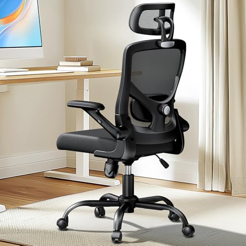 Marsail Ergonomischer Bürostuhl aus Netzstoff, hohe Rückenlehne, verstellbare Lendenwirbelstütze mit Kopfstütze, hochklappbare, anhebbare Armlehnen, Drehstuhl, Computer-Arbeitsstuhl