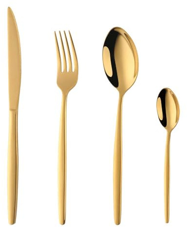 Gold Cutlery Set, 4 Piece Stainless Steel Silverware Set Service for 1, Gold Knife Fork Spoon Set, Golden Plated Stainless Steel Flatware Set, Durable and Dishwasher Safe