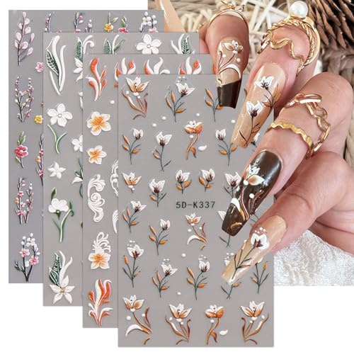 JMEOWIO 3D Nagelsticker Blumen Nail Art Sticker Selbstklebend Nagelaufkleber 5D Stereoskopisch Frühling Sommer Dekoration Nageldesign Zubehör 4 Blatt