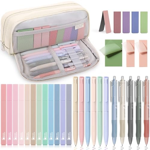 COZCLAM 32PCS Aesthetic Schreibwarenset mit Weiß Mäppchen, Büro | Schreibwarenset mit 12 Pastell-Textmarkern, 6 Farbstiften, 5 schwarzen Stiften, 5 Magnet-Lesezeichen und 3 Haftnotizen