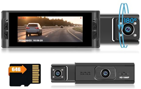 Hikity 3.16 IPS DVR 1080P WiFi Dashcam Cámara Coche Two Cámara 180°Giratorio App Control Tarjeta TF de 64GB Gran Angular 360°Visión Nocturna Sensor G Grabación en Bucle Monitor de Aparcamiento 24H