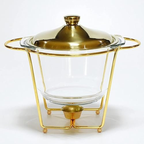 CWCQGH Chafing Dish, 4 L Pan Chafer, Set di Chaf Dish in Acciaio Inox con teglia in Vetro per Alimenti, Porta-combustibile, per Buffet, Matrimoni, Eventi di Catering,Gold