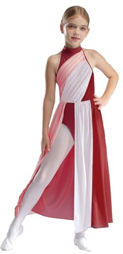 Freebily Mädchen Lyrisches Tanzkleid Ärmellos Farbblock Tanzbody Mit Swing Rock Kinder Ballettkleidung Zeitgenössischer Tanz Kostüme Burgundy 170