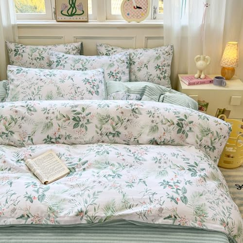 Freyamy Blumen Bettwäsche 135x200cm 2teilig Baumwolle Weiß Grün Rosa Floral Blätter Pflanzen Wende Bettwäsche Blumenmuster Mädchen Bettbezug mit Reißverschluss und Kissenbezug 80x80cm