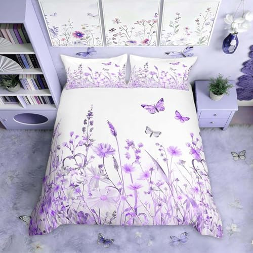 Homemissing Purple Flowers Pattern Duvet Cover Set Double Size for Girls Adults Women Kids Butterflies Print Bedding Set Garden Flower Comforter Cover with 2 Pillowcases Nature Theme Zipper