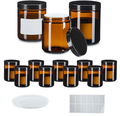 Relaxdays Salvburk, set om 12, 240 ml, brunt glas, degel med skruvlock, täckskivor, etiketter, brun/svart