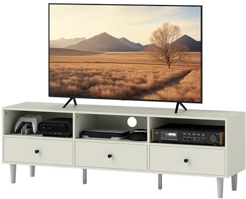 HOMCOM Meuble TV Meuble télé Bois Banc TV pour téléviseur jusqu'à 75 avec 3 étagères Ouvertes, 3 tiroirs et Passe-câbles, pour Chambre à Coucher Salon, 140 x 34 x 45 cm, crème