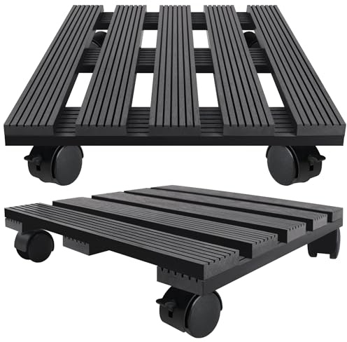 QEENTOE 2X WPC Pflanzenroller Tragkraft 100KG Rollbrett Pflanzen witterungsbestaendig Pflanzenroller für Außen- und Innenbereich Blumenroller Untersetzer Blumentopf mit Rollen - Anthrazit Quadrat